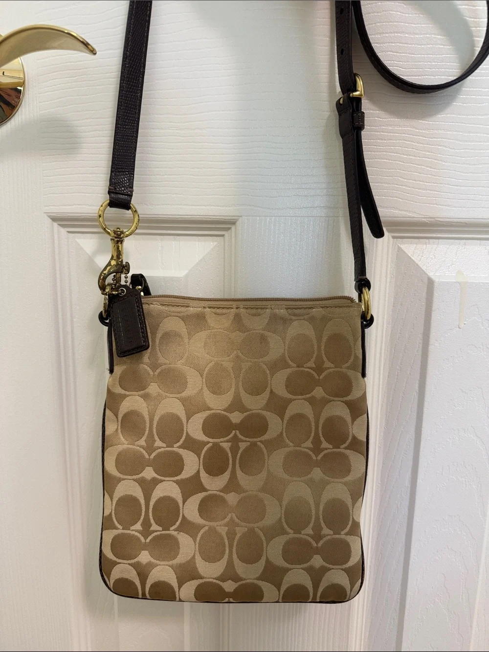 Coach Khaki/Chalk Signature Crossbody with Dark Brown Trim
